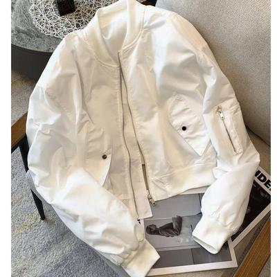 Women's Black & White Retro Zipper Flight Jacket with Stand-Up Collar - 2025 Spring Fashion