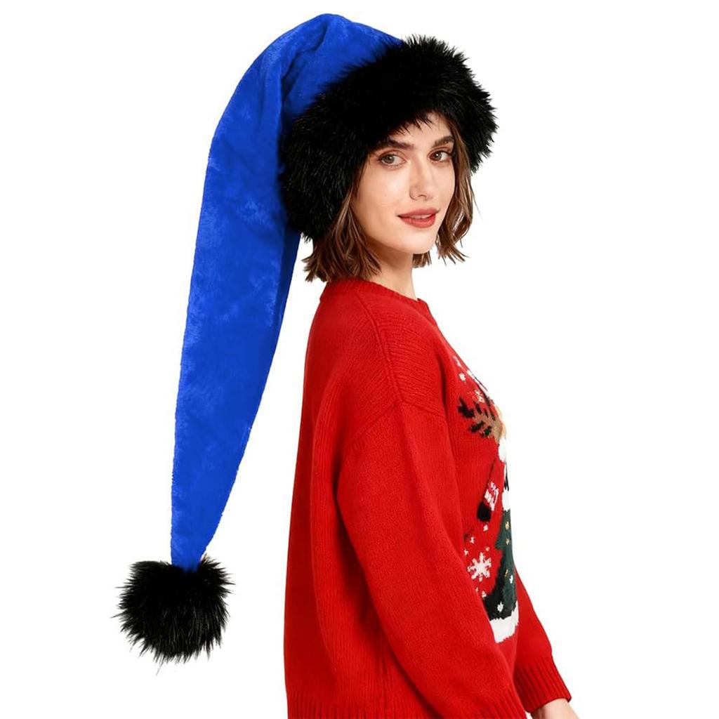 Adult Plush Christmas Hat with Black Trim, Multicolor Holiday Party Costume Accessory