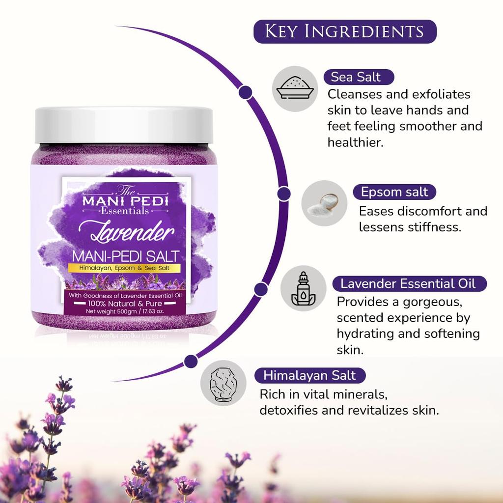 TMPE Lavender Manicure & Pedicure Salt. Sea, Epsom & Himalayan Salts infused with Lavender Essential Oil. Ideal Foot Soak for Dead Skin & Tan Remov