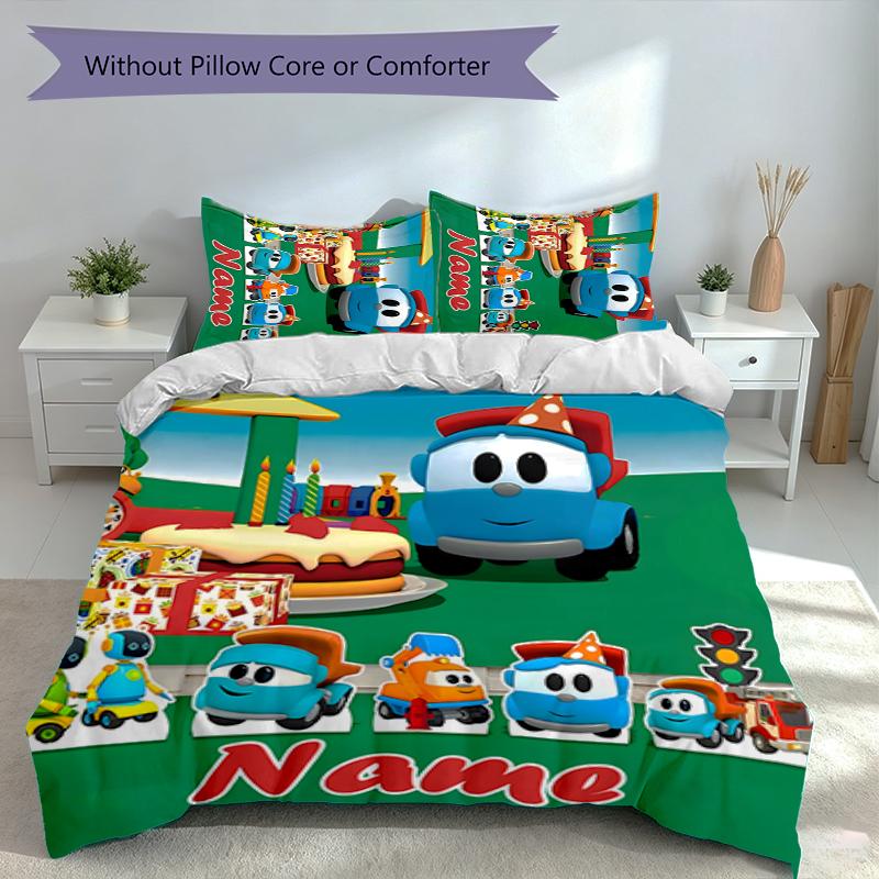 Set 3 Pezzi Camion Leo con Nome Personalizzato, Include 1 Copripiumino e 2 Federe, Arredo Camera da Letto per Tutte le Stagioni