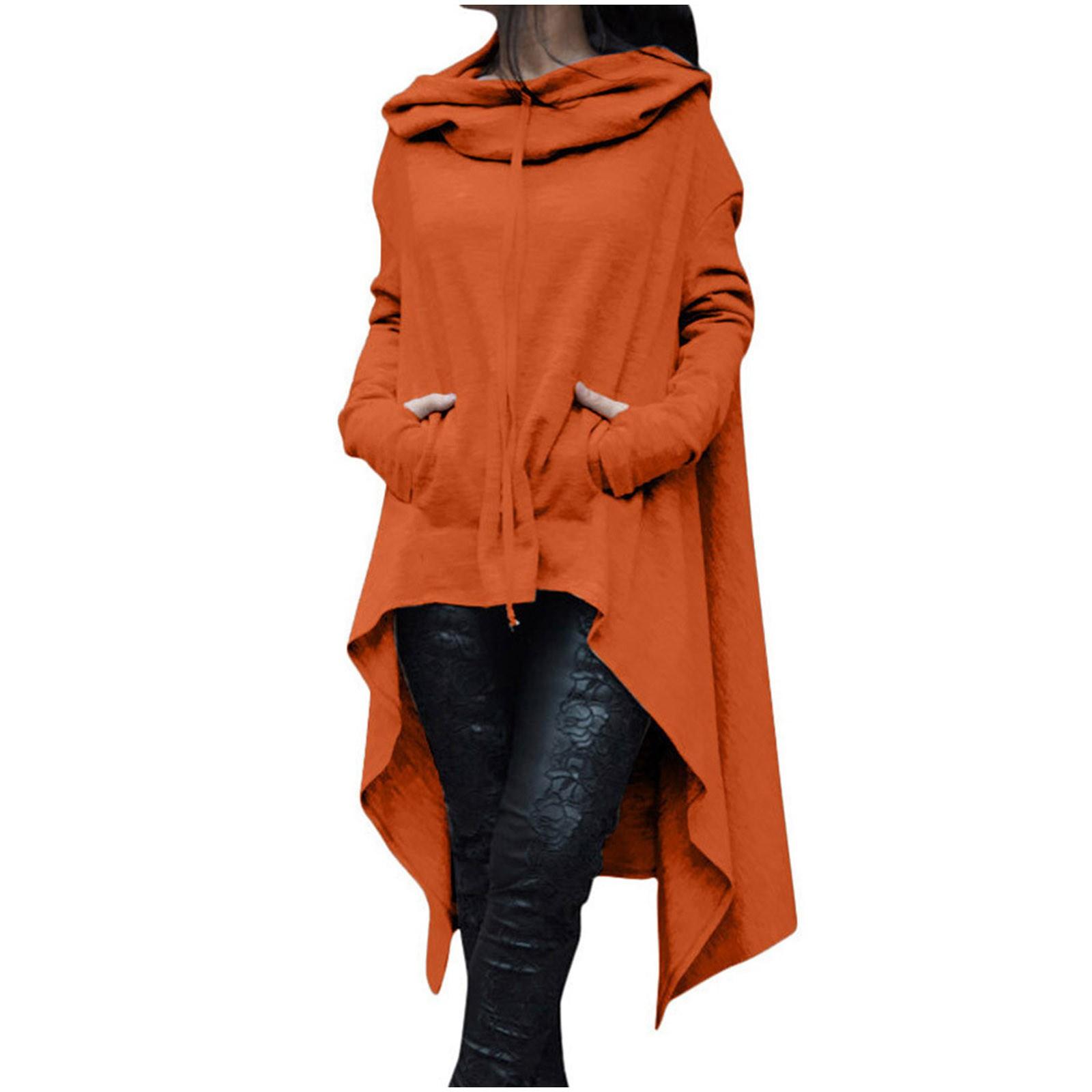 

(СУ)Жіночі великі розміри з довгим рукавом і капюшоном, однотонний світшот, светр, нестандартна блузка M помаранчевий