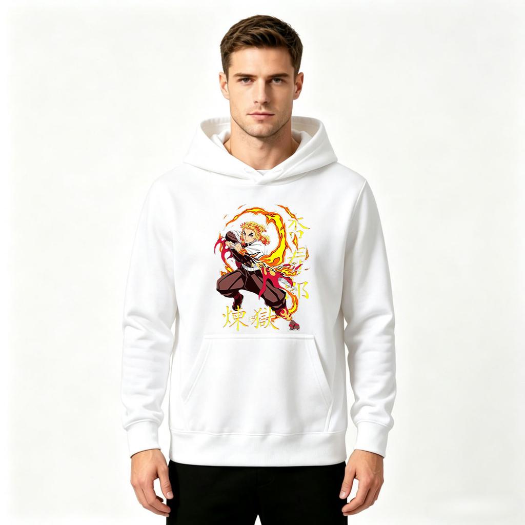 Men's Anime Flame Character Print Pullover Hoodie Casual Long Sleeve Graphic Sweatshirt for Daily Wear