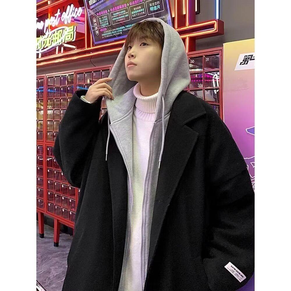 2025 Autumn/Winter Men s Wool Blend Color Block Fake Two-Piece Hooded Jacket - Hong Kong Style, Unisex. Medium чёрный