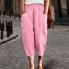 Women Casual Loose Fit Wide Leg Cropped Pants Elastic Waistband with Side Pockets and Button Detail Lightweight Comfortable Trousers