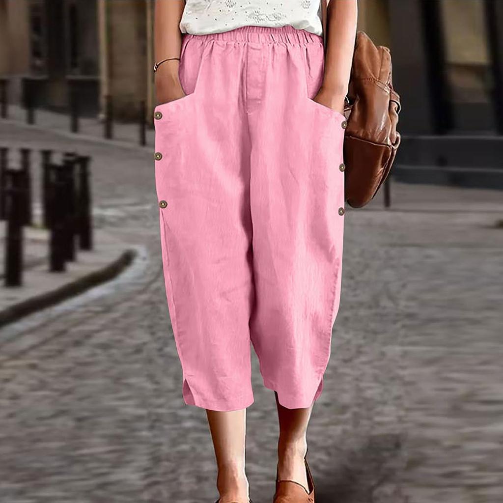 Women Casual Loose Fit Wide Leg Cropped Pants Elastic Waistband with Side Pockets and Button Detail Lightweight Comfortable Trousers