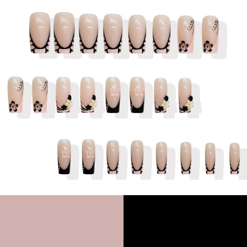 Square Press On Nail French Tips Fake Nail Full Cover False Nail with Flower Designs Artificial Acrylic Nail for Women