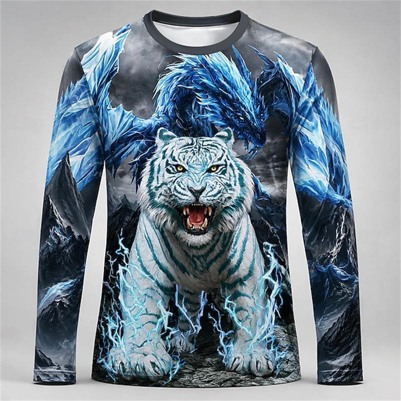 Men's Gothic Dragon Long-Sleeve T-Shirt Fashionable Casual Round-Neck Top Loose-Fitting and Breathable Men's Long-Sleeve Shirt