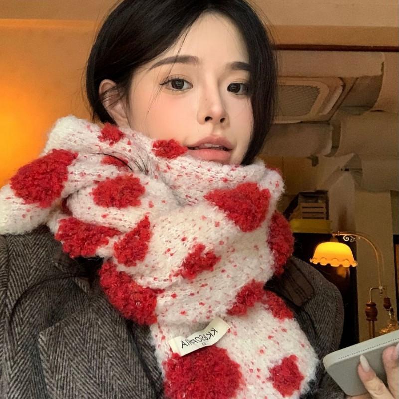 Korean Style Contrast Polka Dot Knit Scarf Winter Warm Neck Wrap Students Casual Chic Accessory