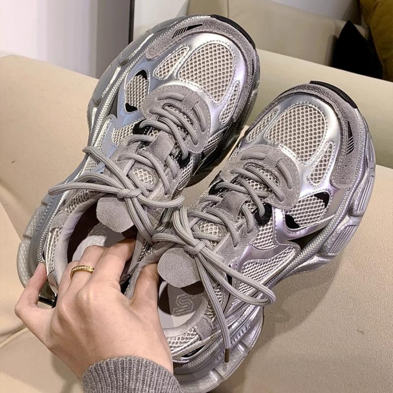 2024 Summer New Silver Pink Dad Shoes Women's Breathable Casual Running Shoes Versatile Lightweight Platform Sneakers