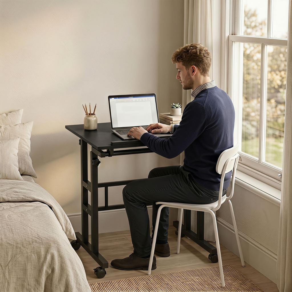 Sit-Stand Desk, Height-Adjustable, 70 x 60 cm, on Casters, Tilting Top, Black Metal Frame