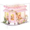 Moin Moin Dollhouse Miniature DIY Kit Scale Instructions Pink Flower Shop Antique Design with Cherry and Rose LED Light Music Box Acrylic Case Set,