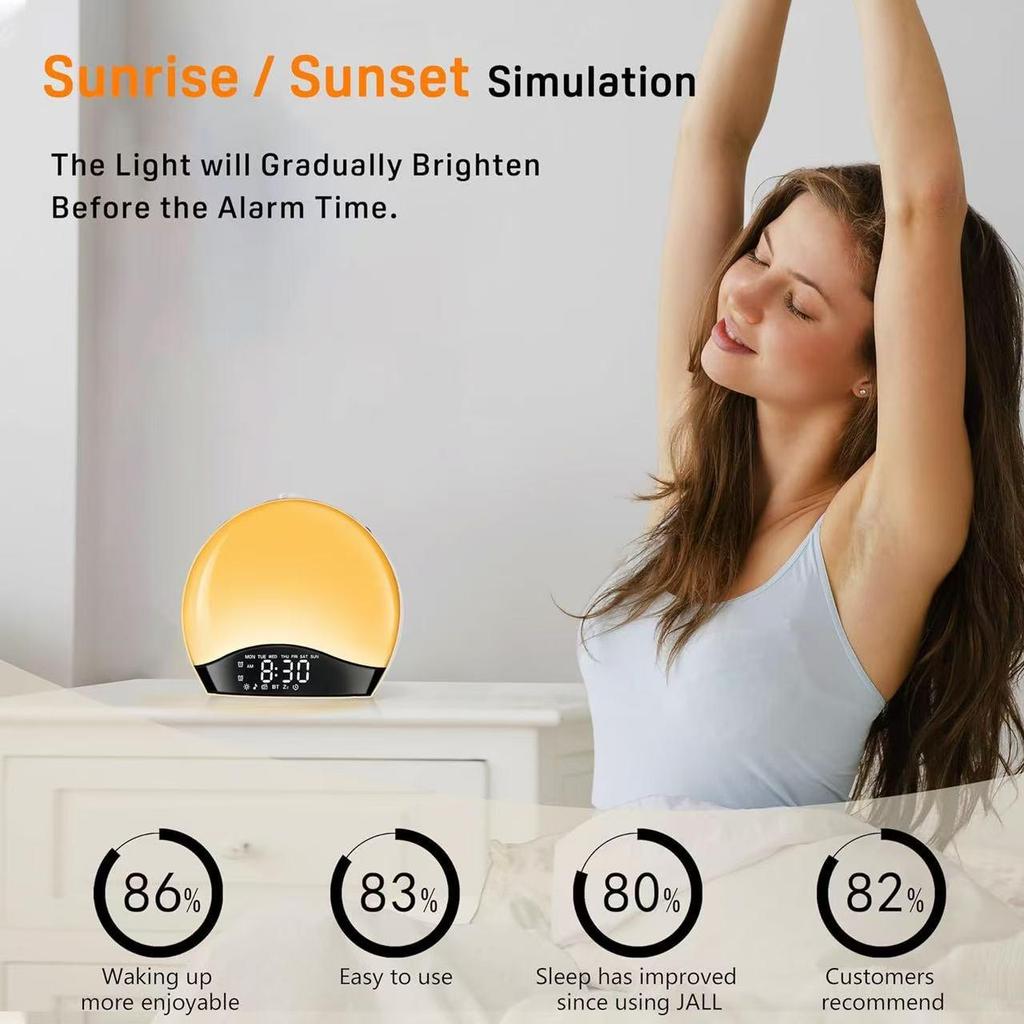 Popular Smart Sunrise Wake-up Light and White Noise Sleep Aid Alarm Clock with Atmosphere Lamp