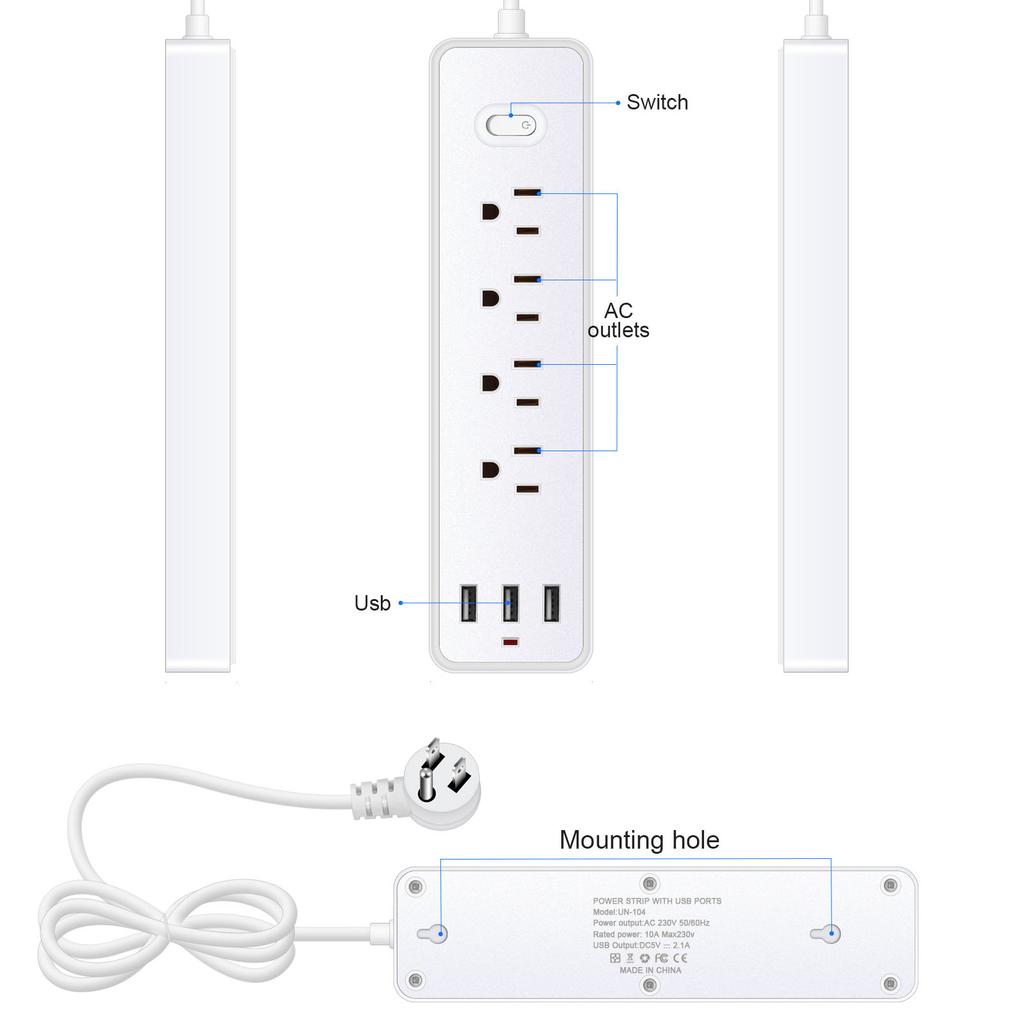 Power Strip, Surge Protector with 4pcs Wide-spaced Outlets & 3x USB Ports for Phone Tablet Laptop Multiple Devices