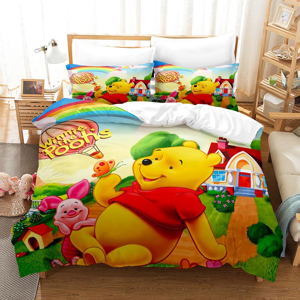 Niedliches Cartoon Winnie the Pooh Dreiteiliges Set 3D-gedruckter Bettdeckenbezug Kissenbezug Bettwäsche-Set Kann bestellt werden