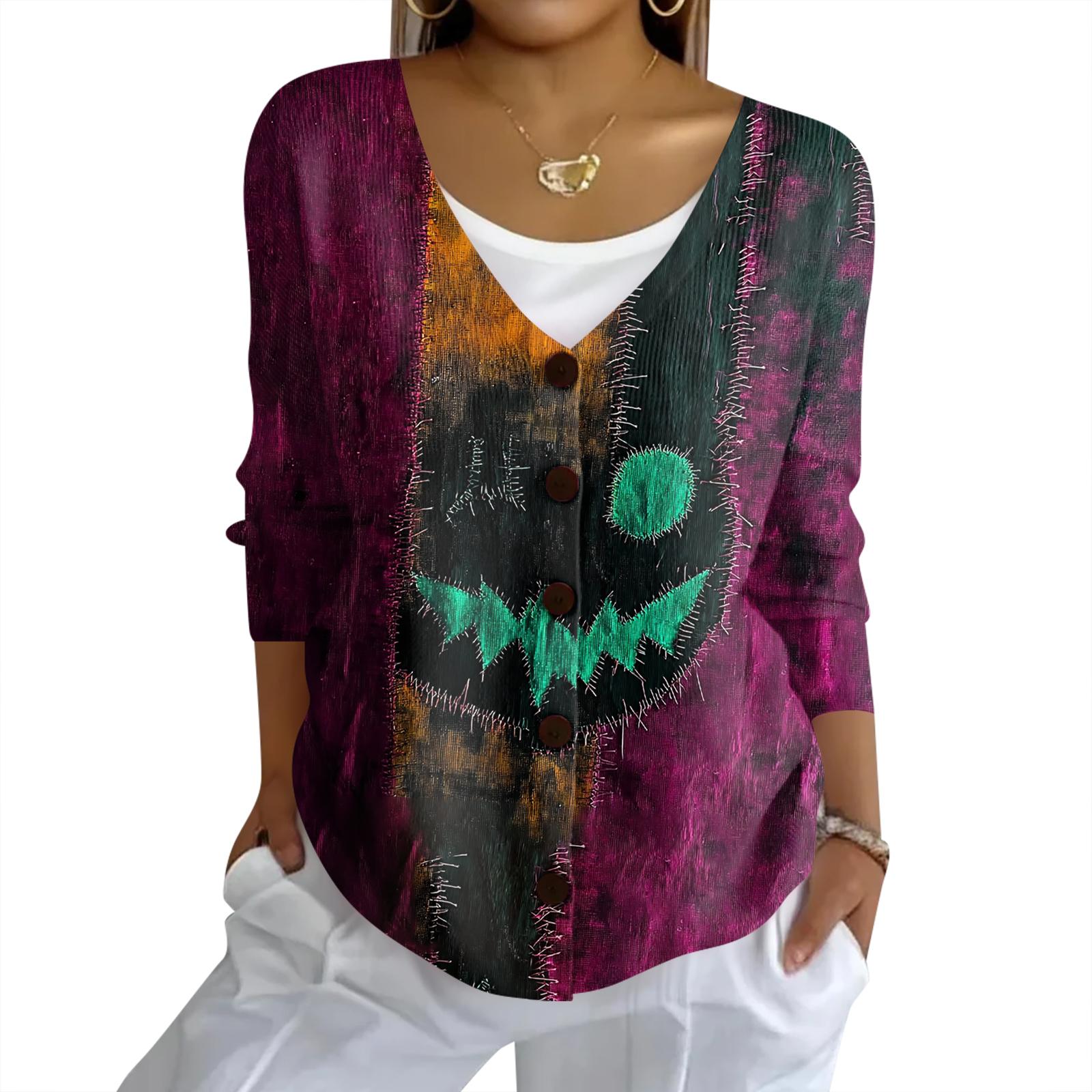 

Женский модный повседневный вязаный свитер на пуговицах, кардиган-жакет с принтом на Хэллоуин XXL