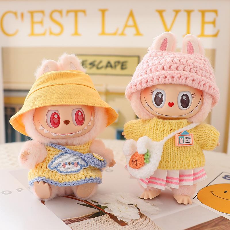 (No Doll) LABUBU Sitz Party Doll Costume Labubu Macaron 2nd Generation Sitting Vinyl Doll Woolen Set Hat Shoes