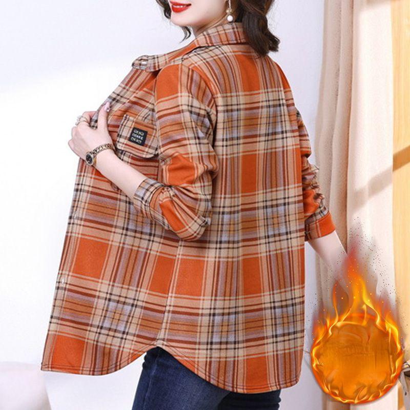 Women's Plus Size Thickened Warm Plaid Shirt Large Size Stand-up Warm Shirt
