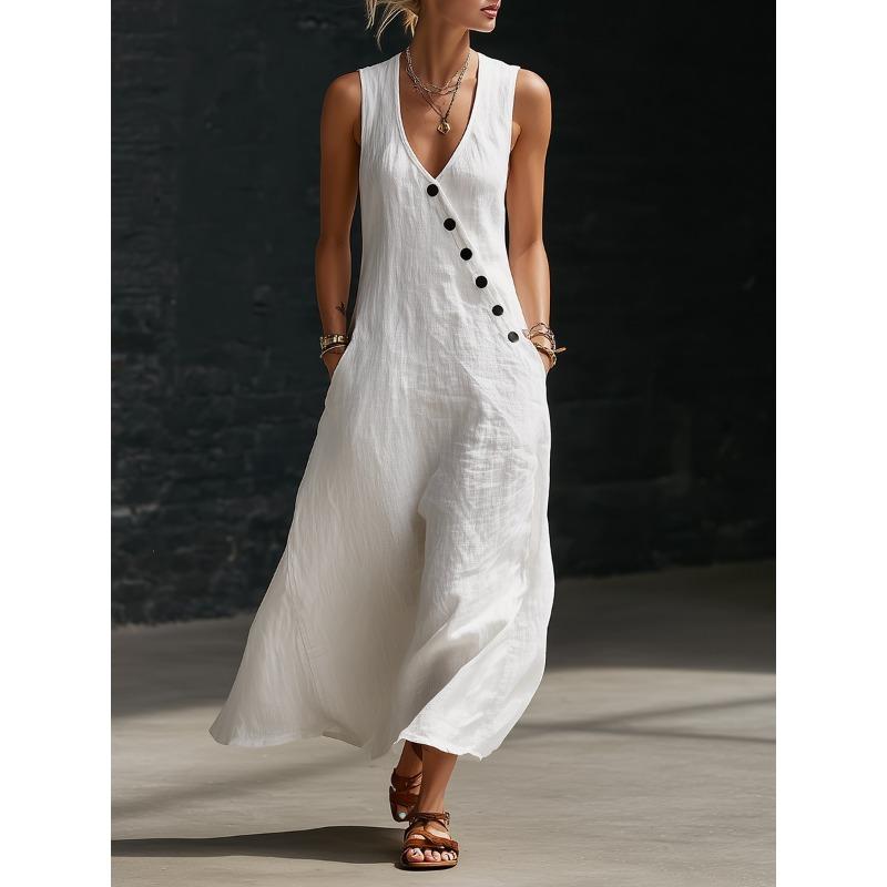 Summer V-neck Sleeveless Fashion Dress Vacation Leisure Elegant A-line Party Loose Dresses Plus Size Beveled Buttons Solid Color Casual Long Dress