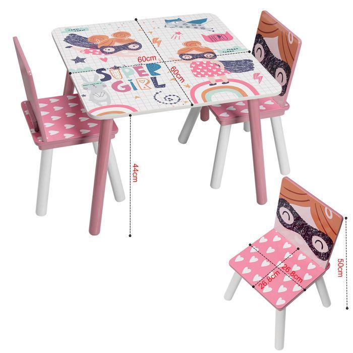 GINGER HOME Ensemble Table et 2 Chaises en Bois pour Enfants – Super Girl – Blanc et Rose – Apprentissage et Loisirs