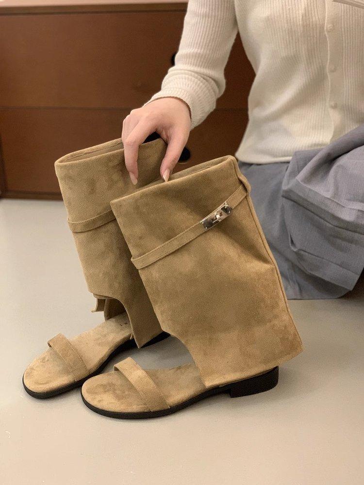 

Niche Spice Girls Pants Boots Women s 2025 New Versatile Open-toe Cool Boots Western Boots Metal Buckle Roman Sandals 39 хаки