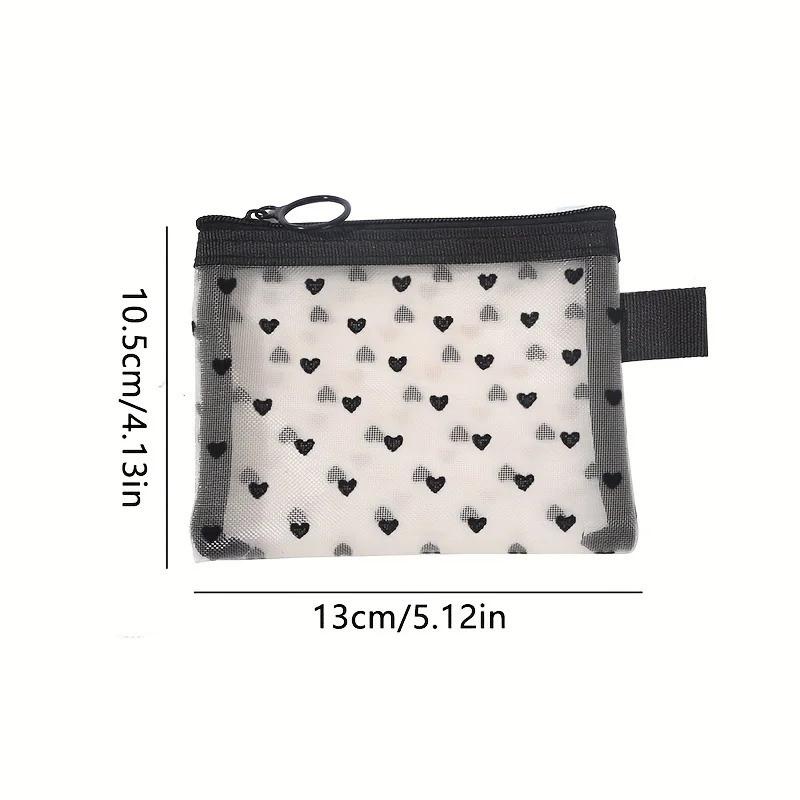 Transparent Mesh Makeup Bag With Cute Black Heart Pattern Smooth Zipper For Travel Cosmetic Storage