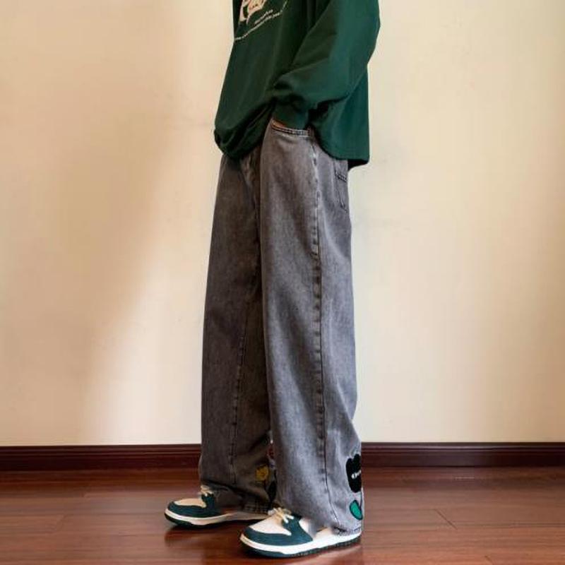 Pantaloni Jeans Largi pentru Bărbați Y2K cu Imprimeu Floral Streetwear American Casual Denim Pantaloni Hombre Vintage Drepți