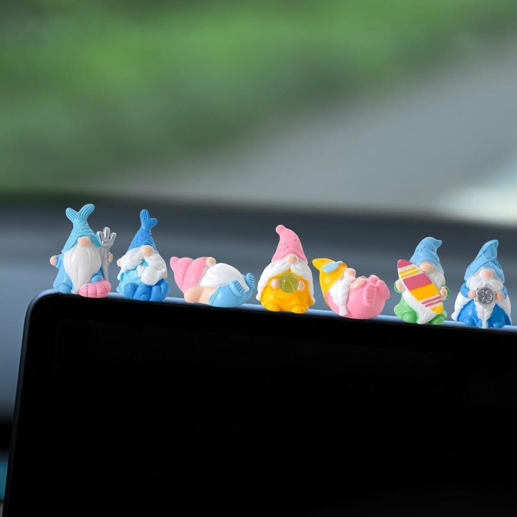 Set of 7 Mini Resin Beach Gnomes Cute Car Accessories, Funny Car Rear View Mirror & Dashboard Decorations, Adorable Auto Interior Ornaments
