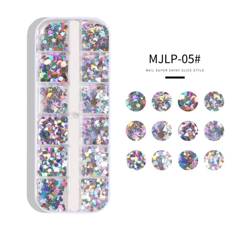 12 Grids/box Holographic Laser Mixed Design Nail Sequin Nail Flake Nail Slice Nail Decoration Flower Round Star Moon Heart