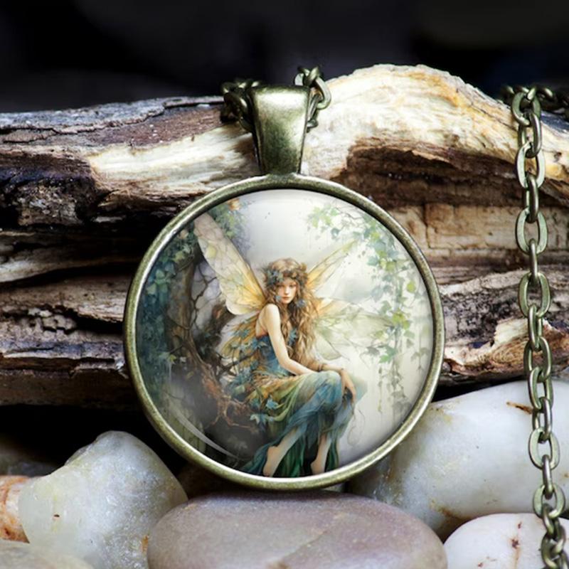 Retro Antique Bronze Plated Round Forest Fairy Elf Glass Dome Pendant Necklace For Women Girls Jewelry