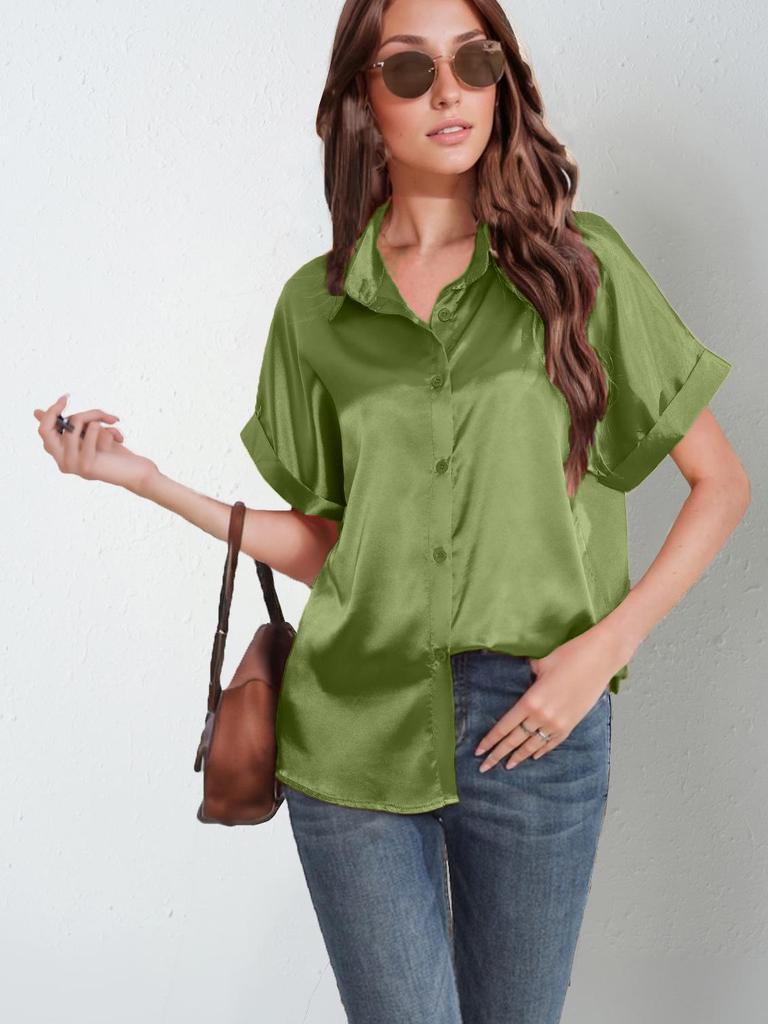 2025 Women's European & American Short-Sleeve Satin Button-Down Shirt - Casual Loose Fit