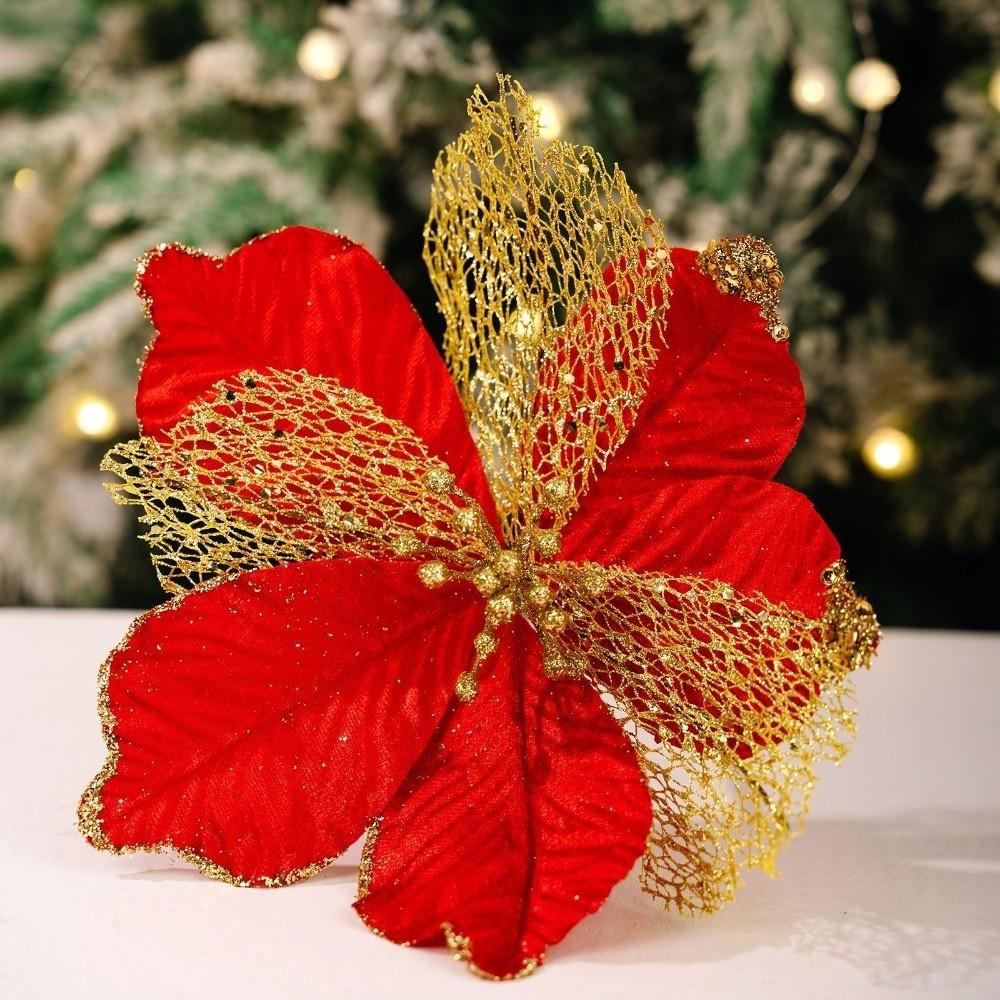 Maple Leaf Shaped Simulated Christmas Flowers Luxury Handmade Xmas Decorative Flowers Realistic Eternal Flower Festive Display