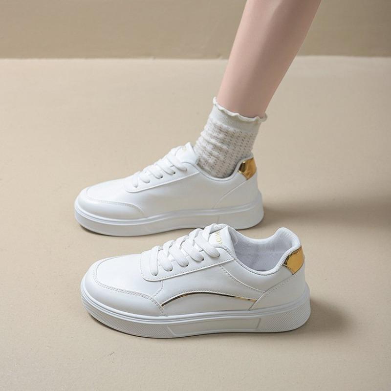 Flat bottom simple little white shoes women's new round head lace-up single shoes student large size running board shoes