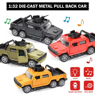 Voiture moulée sous pression 1/32, jouet de simulation Hummer Pickup, véhicule d'opérations tout-terrain, voiture à tirer, modèle de voiture en alliage, véhicules en métal, voiture moulée sous pression avec musique légère