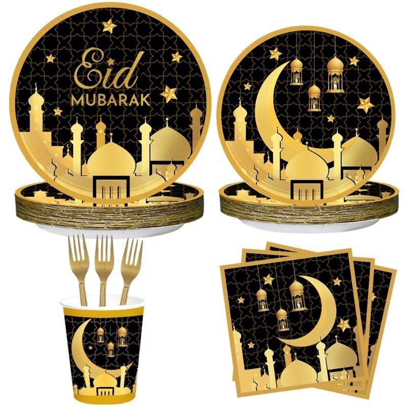 Eid Festival Paper Plates Cups 2025 Ramadans Decoration Supplies for Muslim 1Set