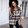 Women Vintage Plaid Long Sleeve Shirt Loose Color Collision Lapel Tops Jacket