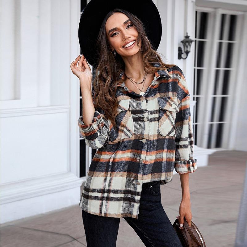Women Vintage Plaid Long Sleeve Shirt Loose Color Collision Lapel Tops Jacket