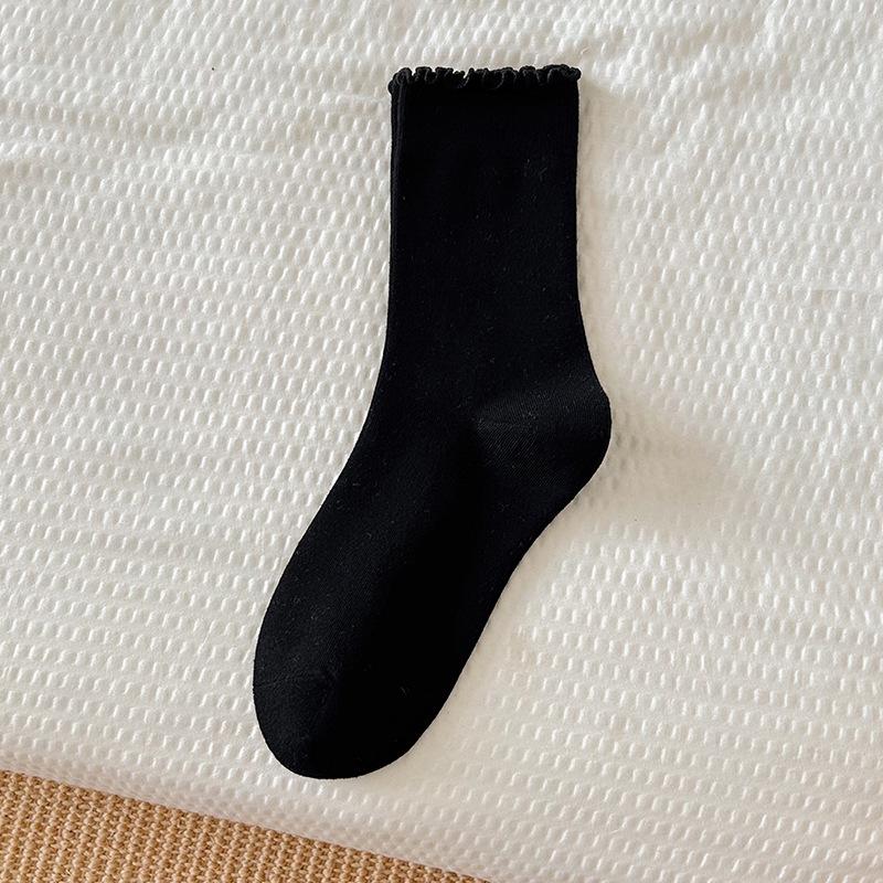 

Черные носки с отделкой ушками, Женские носки до середины икры, Однотонные хлопковые носки, Бесшовные махровые носки, Кружевные послеродовые носки 1 pair чёрный