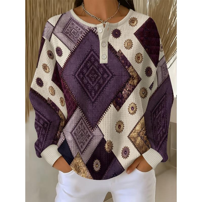 Women's Waffle Henley Button Up Long Sleeve Top Dark Purple Retro Ethnic Diamond Patchwork Print T-Shirt