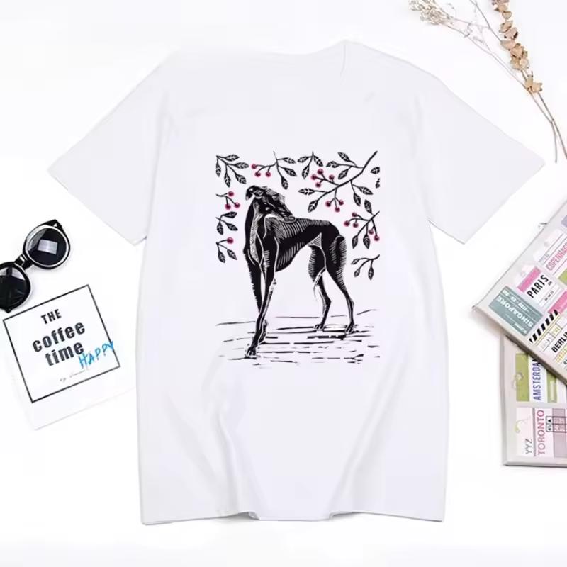 Greyhound Print Women's T-shirt, Y2K Style Basic Crew Neck Short-sleeved White T-shirt Summer Women's Clothing.Summer Streetwear