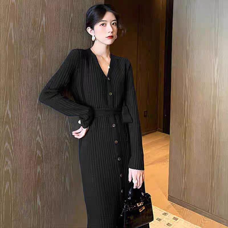 

Ранняя осень черный свитер вязаный V-образный вырез внутренний с низом длинное платье с пальто женская зимняя одежда XL чёрный