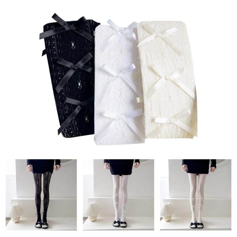 Women Hollow-Out Sheer Fishnet Pantyhose Japanese Style Sweet Bowknot JK Floral Lace Patterned Leggings Mesh Tights