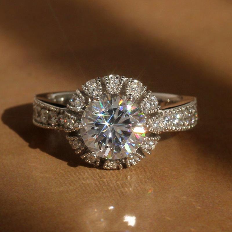 

Luxury Female Rings 925 Sterling Silver Crystal White Round Zircon Stone Sunflower Engagement Ring Wedding Jewelry Gift 10