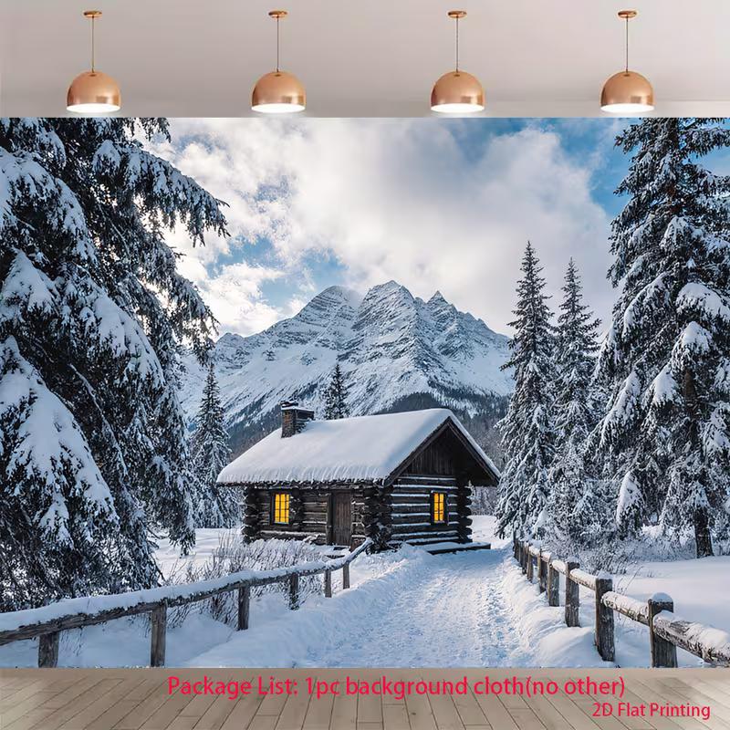 

2D Snowy Log Cabin Backdrop 2D Winter Pine Tree Mountain Photo Background for Themed Shoot 47.2x31.5inch/120*80cm