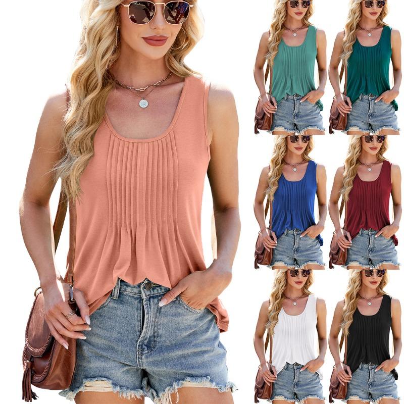 Spring Summer Pleated Solid Color Round Neck Loose Vest T-shirt for Women