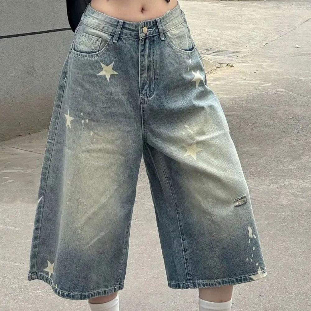 women s High Waisted Star Print Cropped Jeans Loose Wide Leg Retro Washed Denim Culottes XS синий