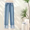 2025 Women's New Chinese-Style Straight-Leg Rolled-Up Cigarette Jeans, Spring/Autumn Fashion