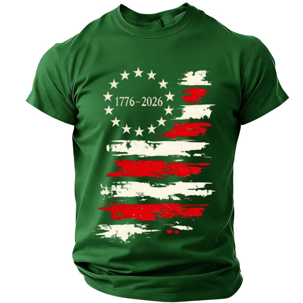 Men’s Short Sleeve Crew Neck T Shirt with Distressed Flag Print 776–2026 Graphic for Everyday Wear