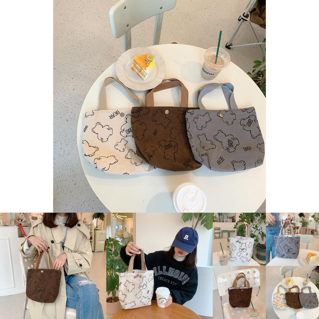 Vintage Baby Bear Corduroy Lunch Tote Bag Portable Large Capacity Storage Bag