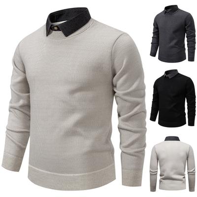 Men's Casual Patchwork Fake Two-piece Knitted Inner Sweater, Men's Warm Lapel Shirt Sweater