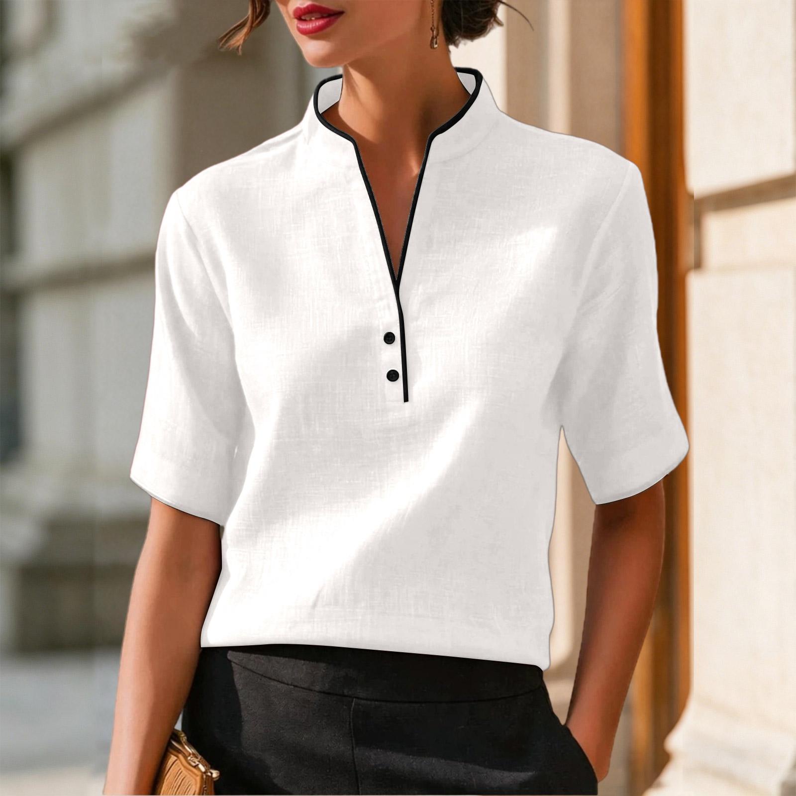 

Women s Casual Short Sleeve Shirt Small Stand Collar V Neck Buttoned Blouse Lightweight Summer Top for Everyday Wear XL білий